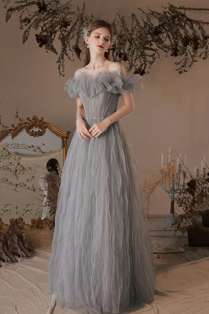 Gray Tulle Long A-Line Prom Dress, Off the Shoulder Formal Evening Dress
