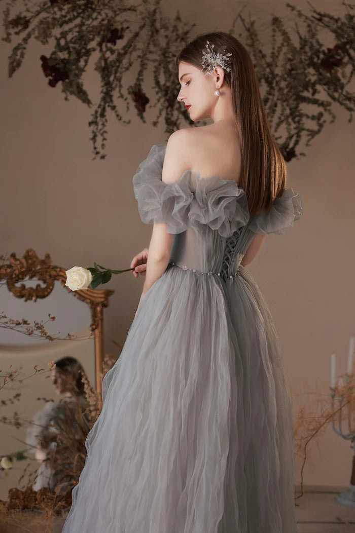 Gray Tulle Long A-Line Prom Dress, Off the Shoulder Formal Evening Dress