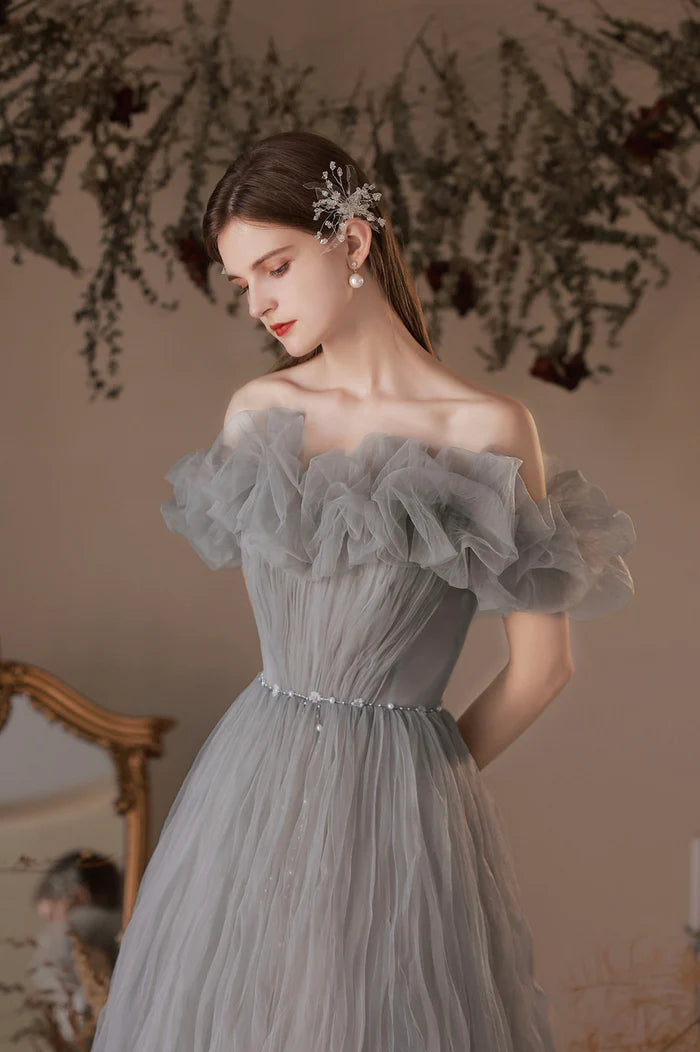 Gray Tulle Long A-Line Prom Dress, Off the Shoulder Formal Evening Dress