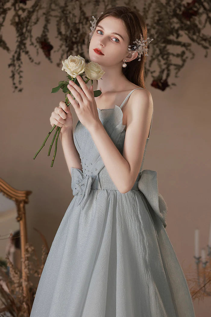 Gray Tulle Long A-Line Prom Dress with Bow, Lovely Graduation Dress