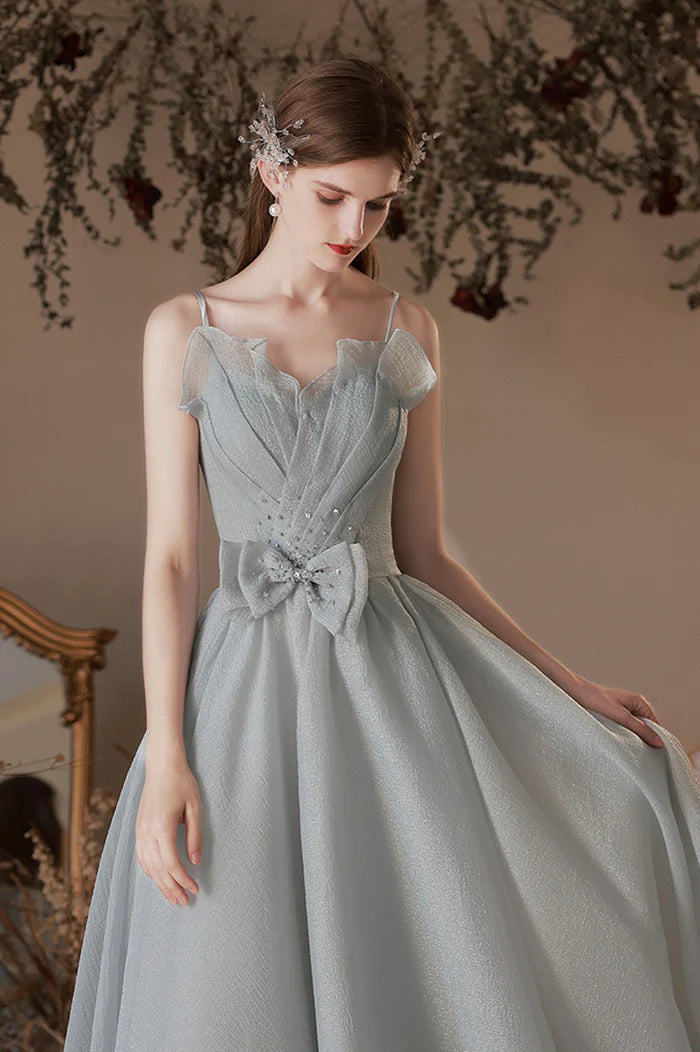 Gray Tulle Long A-Line Prom Dress with Bow, Lovely Graduation Dress