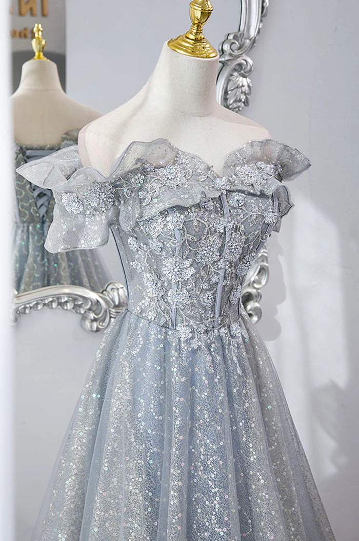 Gray Tulle Sequins Long A-Line Prom Dress, Beautiful Off the Shoulder Graduation Dress