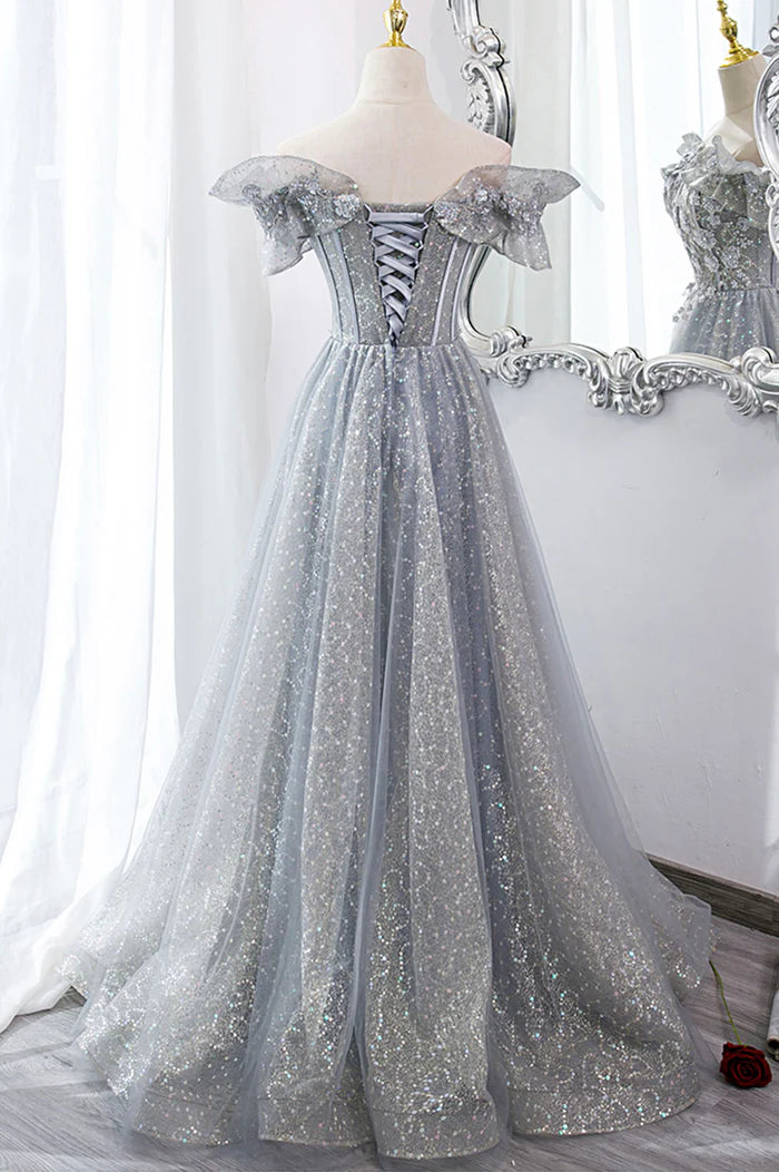 Gray Tulle Sequins Long A-Line Prom Dress, Beautiful Off the Shoulder Graduation Dress