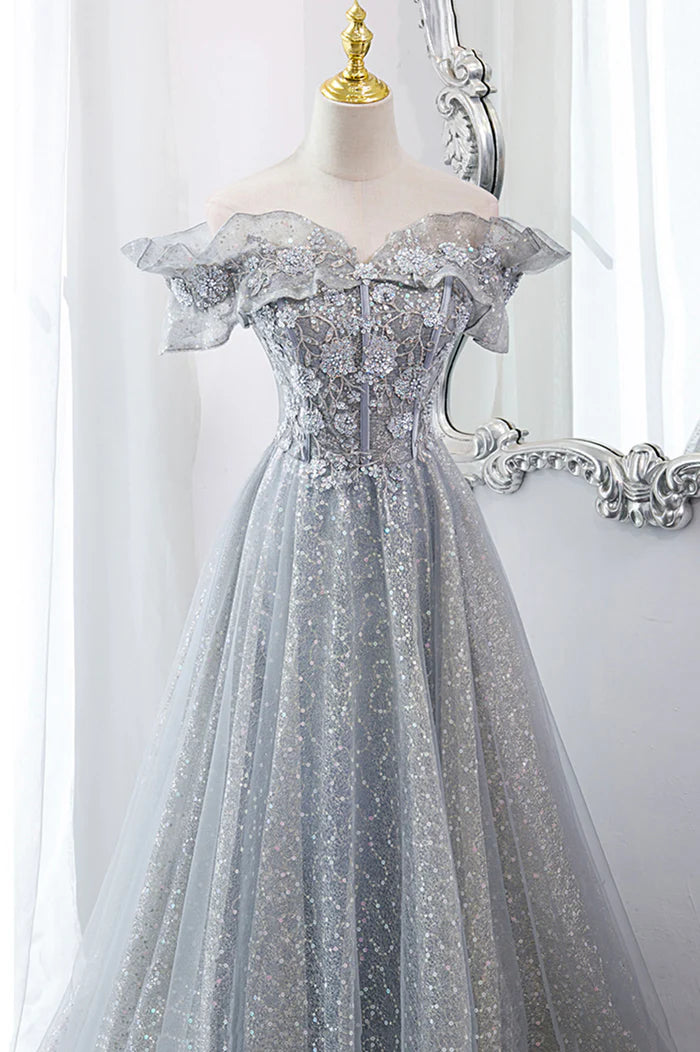 Gray Tulle Sequins Long A-Line Prom Dress, Beautiful Off the Shoulder Graduation Dress
