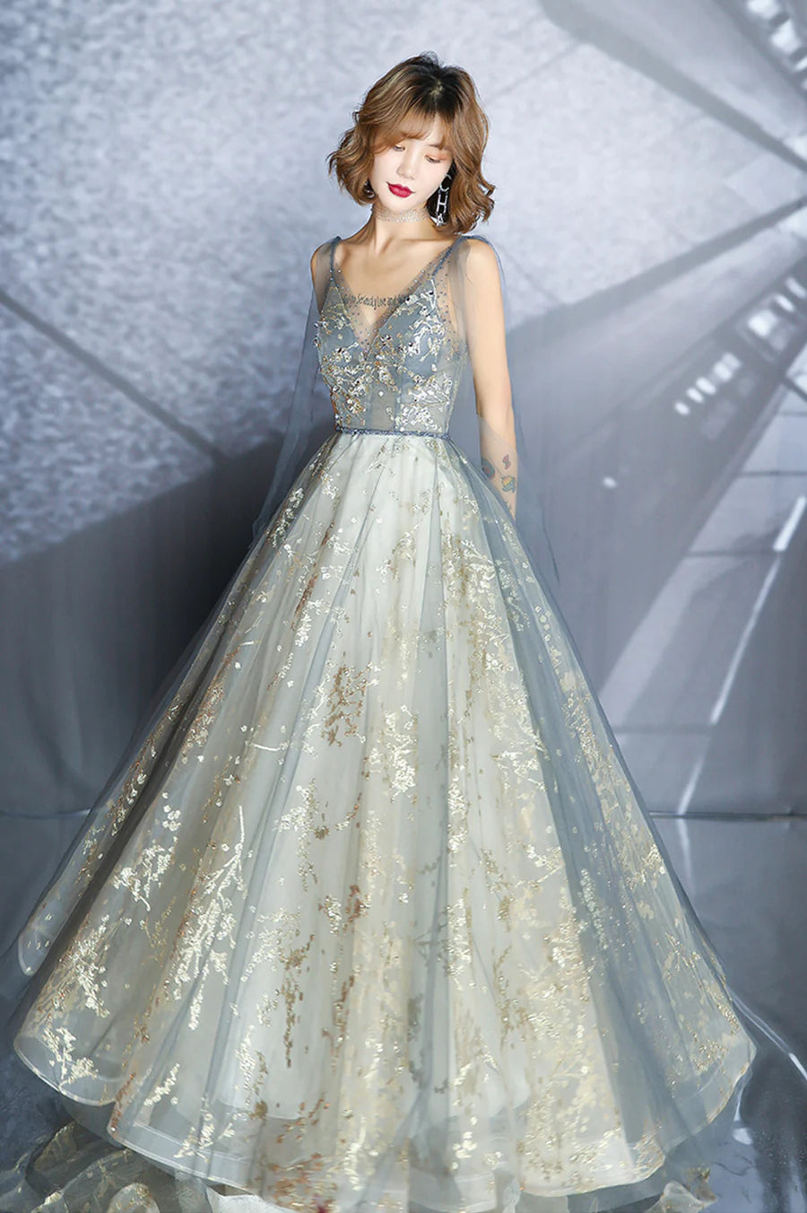 Gray Tulle Sequins Long Prom Dresses, A-Line Evening Party Dresses