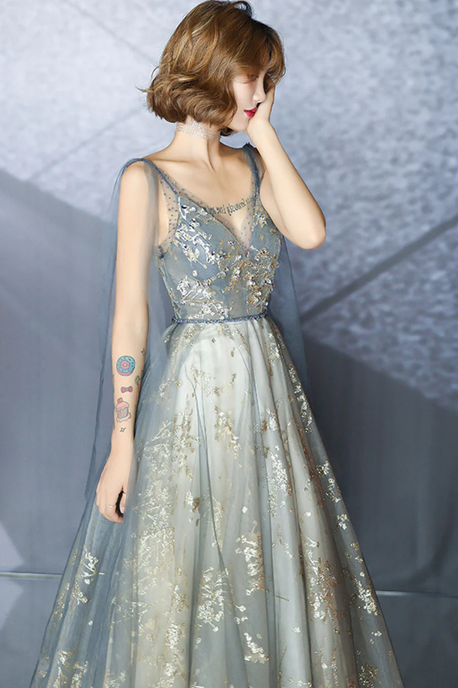 Gray Tulle Sequins Long Prom Dresses, A-Line Evening Party Dresses