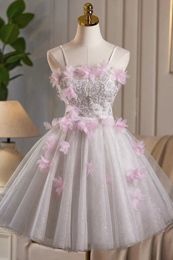 Gray Tulle Sequins Short Prom Dress, Lovely A-Line Evening Party Dress