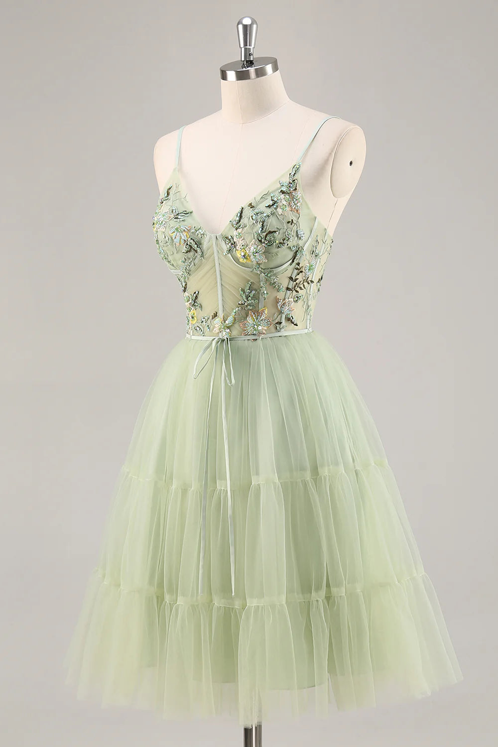 Green A-Line Floral Embroidered Short Homecoming Dress with Beading