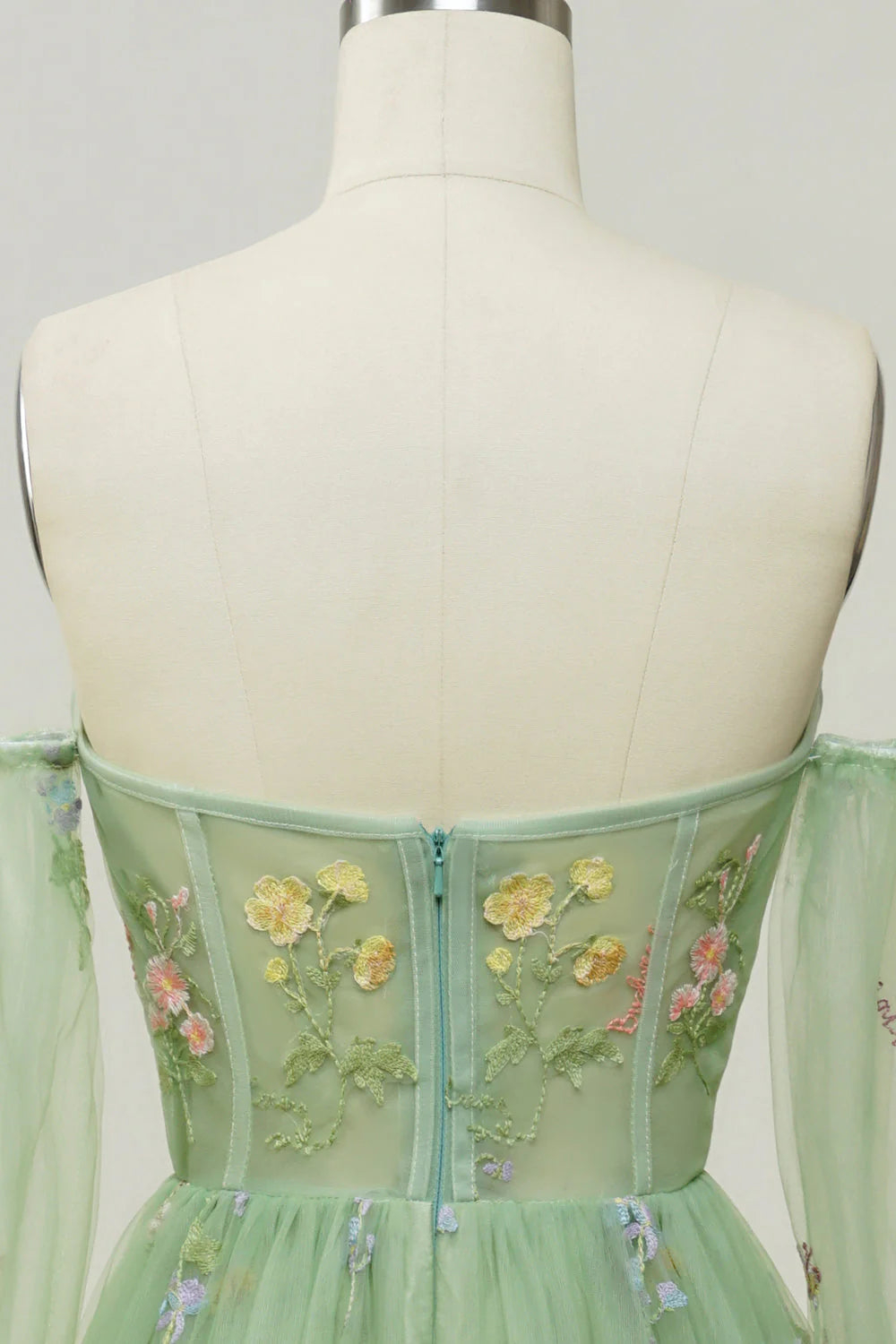 Green A-Line Off The Shoulder Floor Length Dress With Embroidery