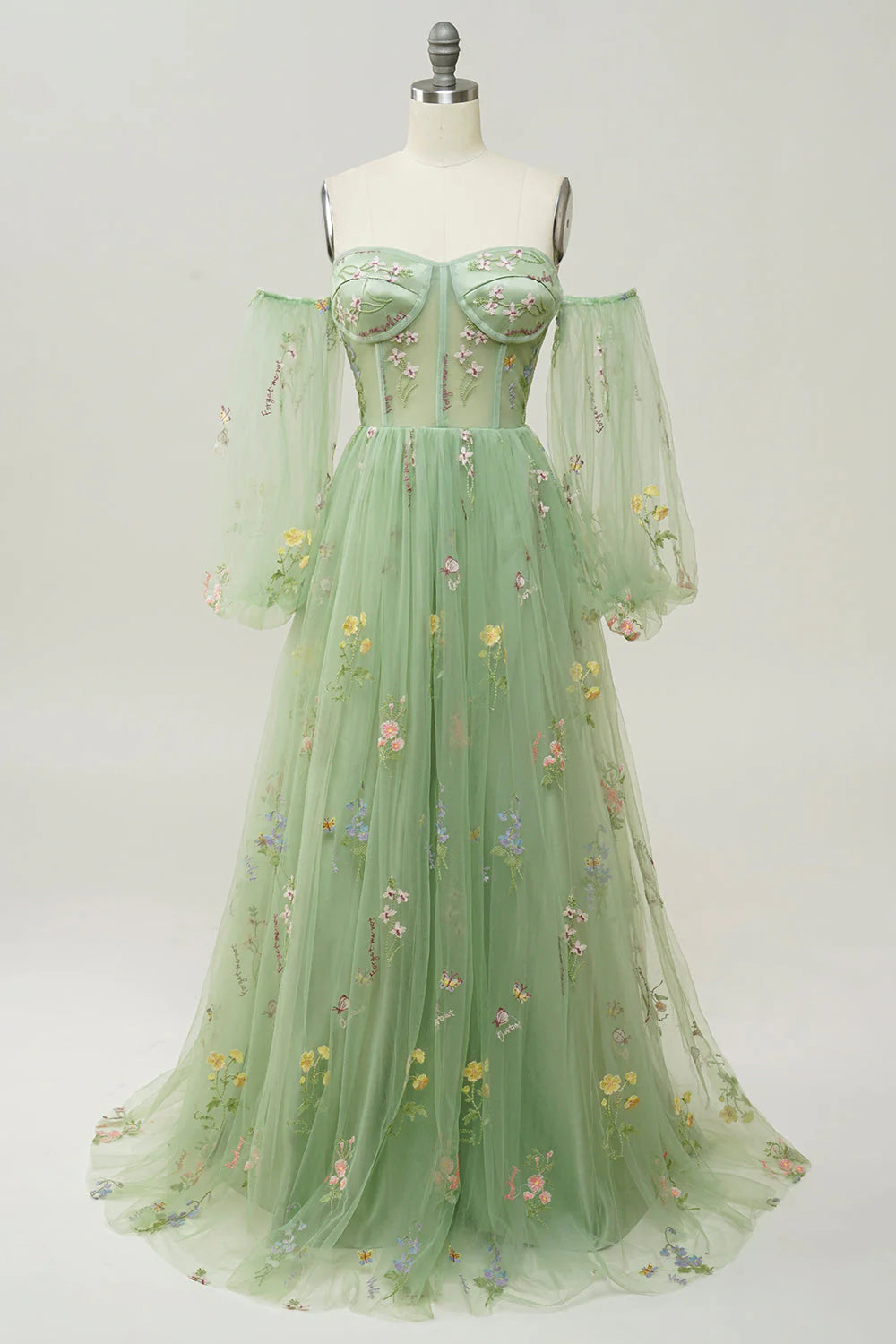 Green A-Line Off The Shoulder Floor Length Dress With Embroidery