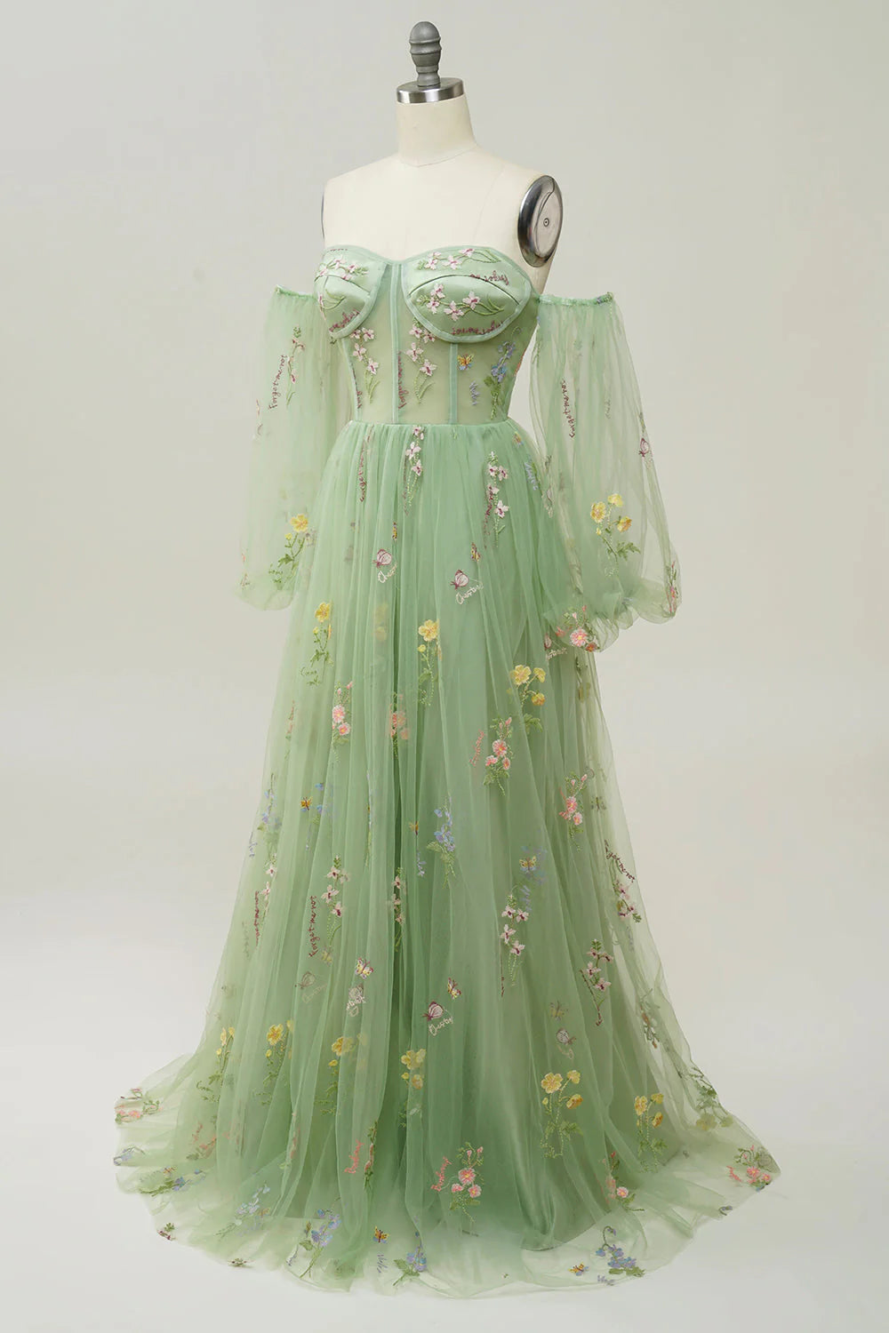 Green A-Line Off The Shoulder Floor Length Dress With Embroidery