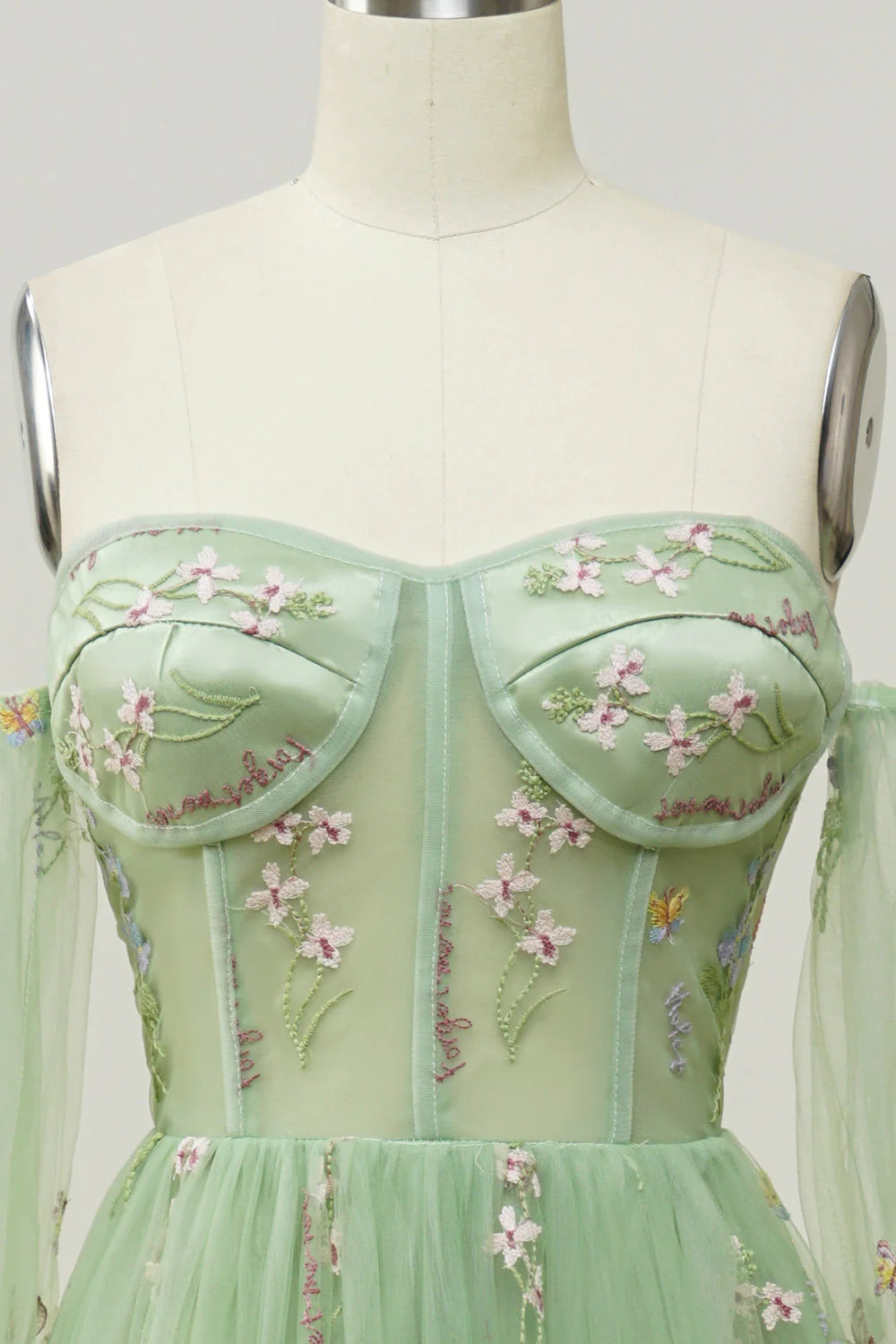 Green A-Line Off The Shoulder Floor Length Dress With Embroidery