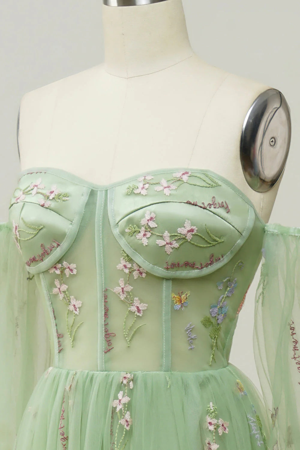 Green A-Line Off The Shoulder Floor Length Dress With Embroidery