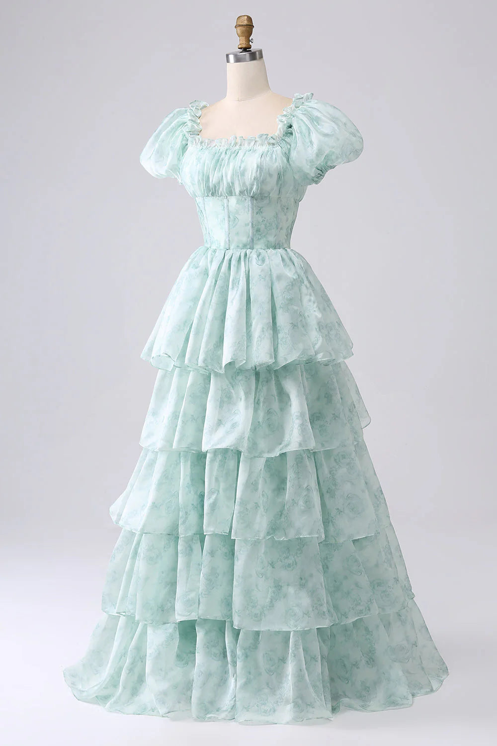 Green A-Line Off The Shoulder Tiered Corset Prom Dress With Puff Sleeves