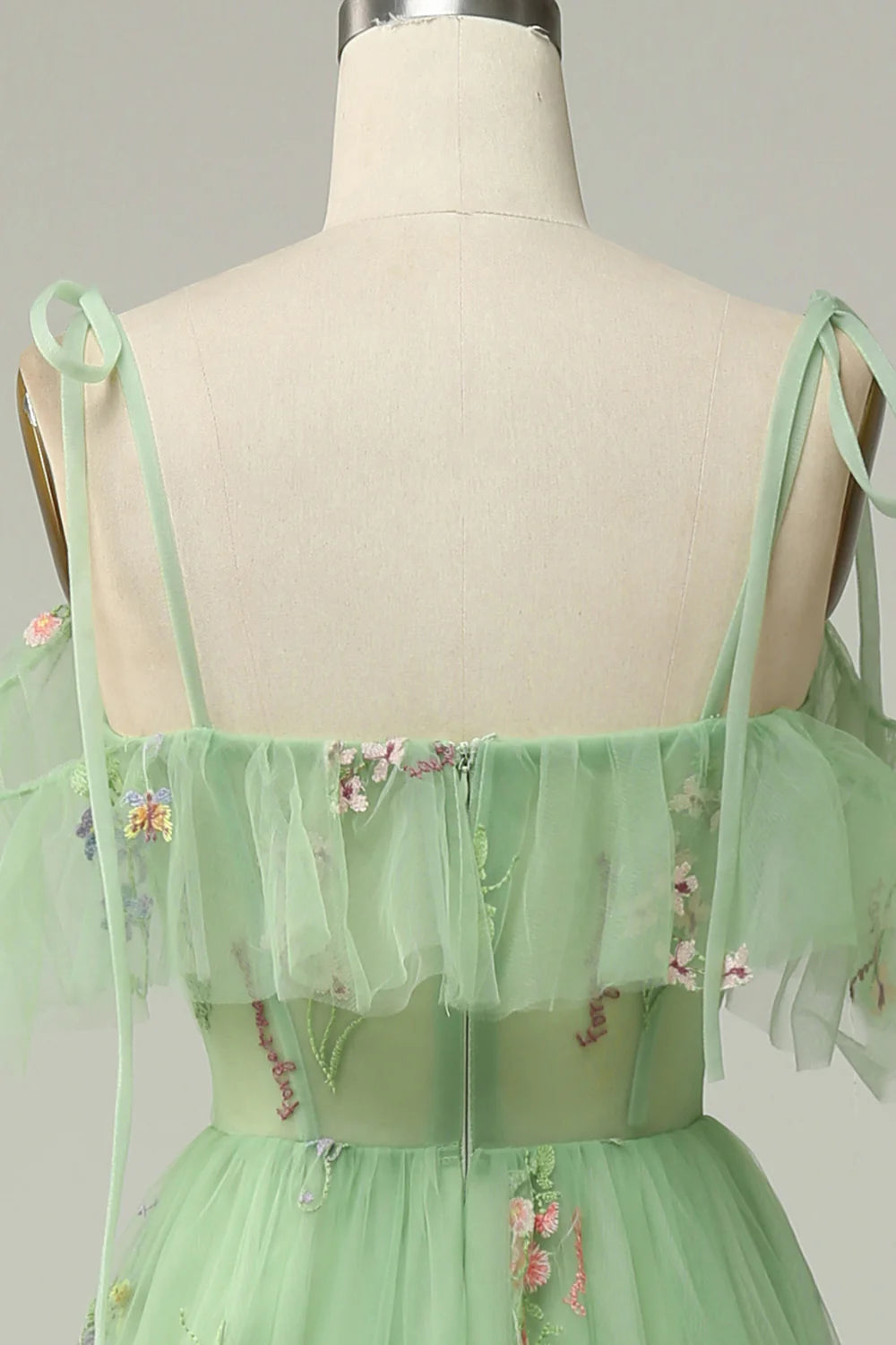 Green A-Line Spaghetti Straps V-Neck Embroidered Prom Dress with Slit