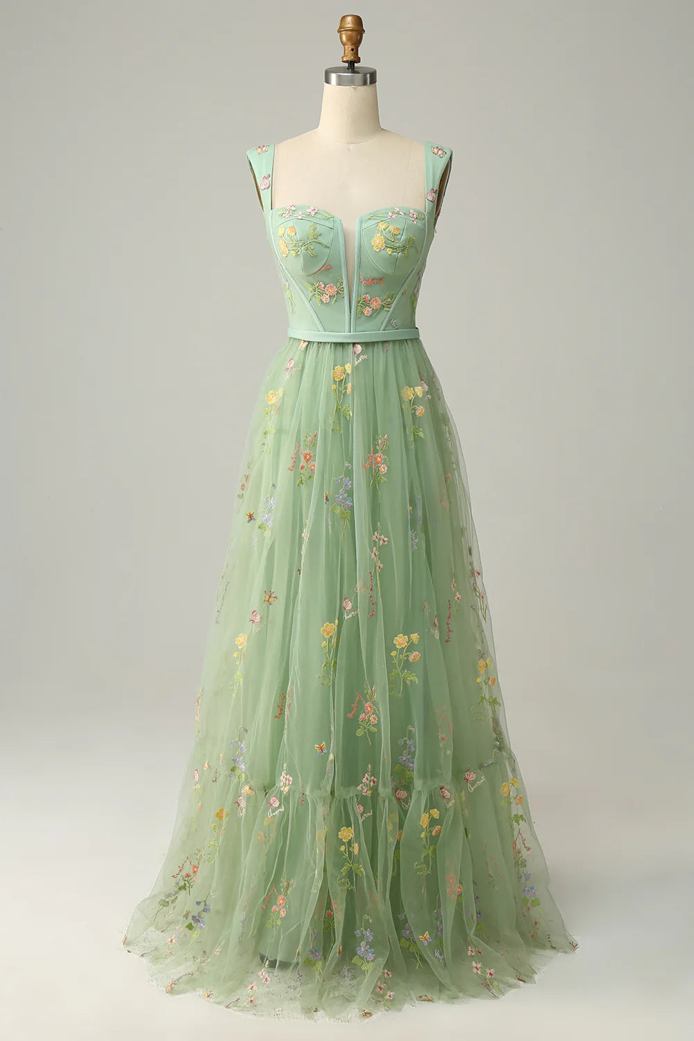 Green A-Line Square Neck Prom Dress with Embroidery