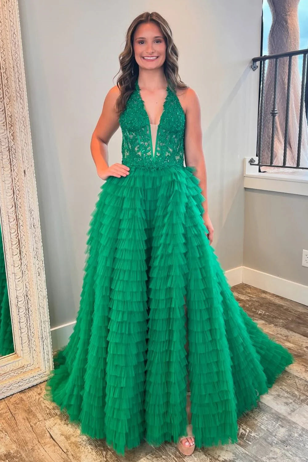 Green A-Line V-Neck Lace Top Long Tulle Unique Design Prom Dress