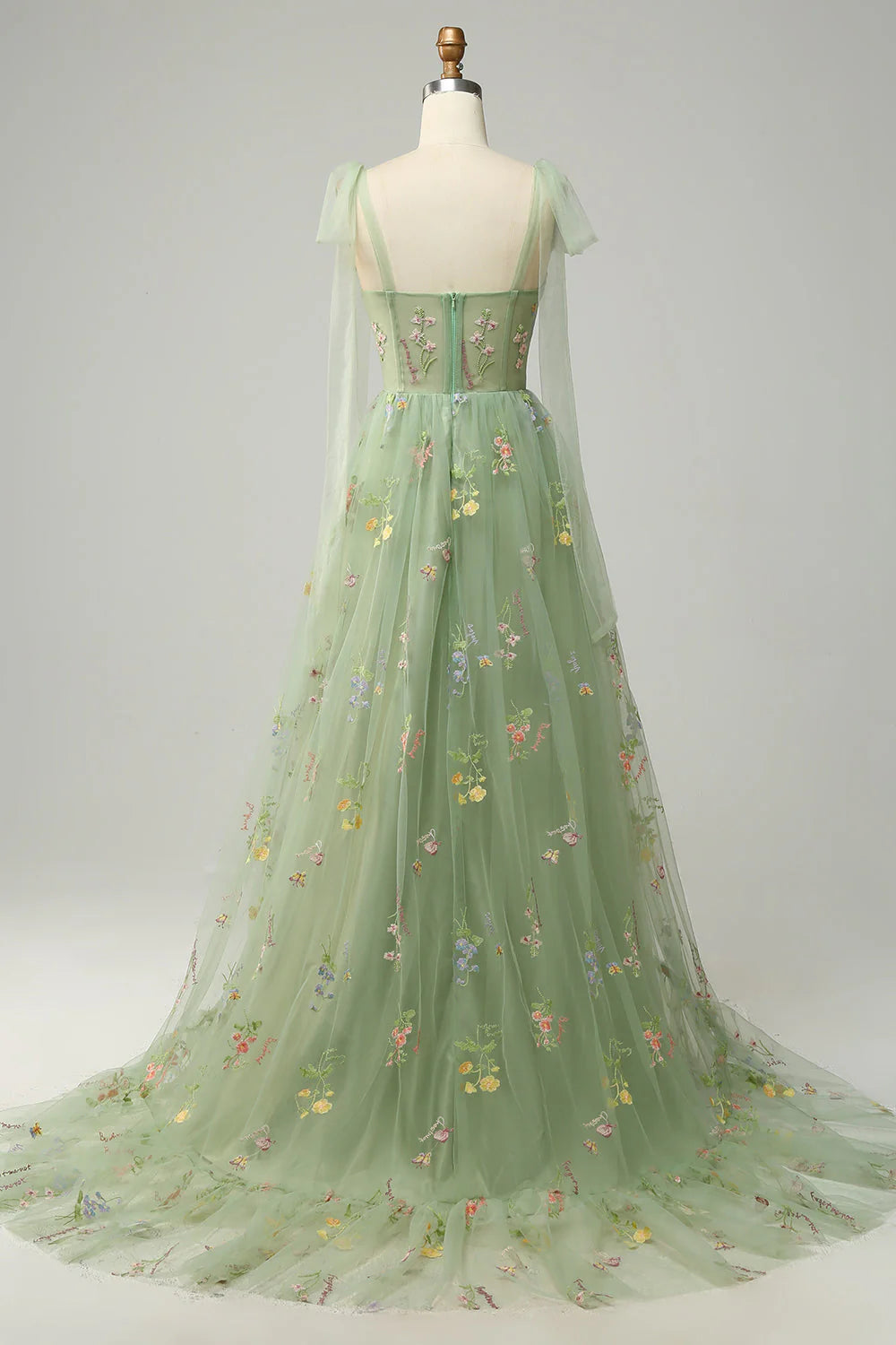 Green A Line Spaghetti Straps Corset Long Prom Dress with Embroidery