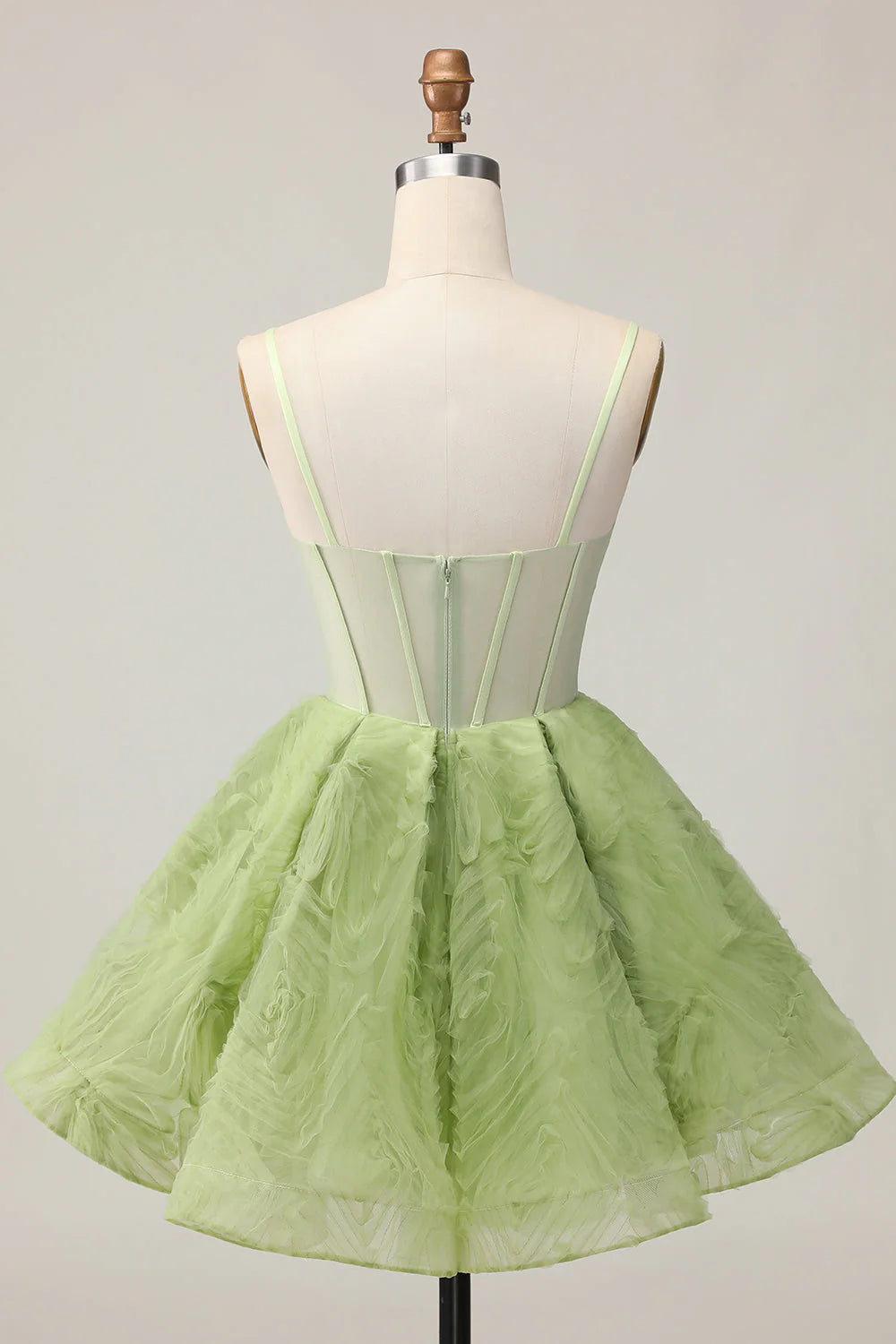 Green A Line Spaghetti Straps Sheer Corset Ruched Short Homecoming Dress