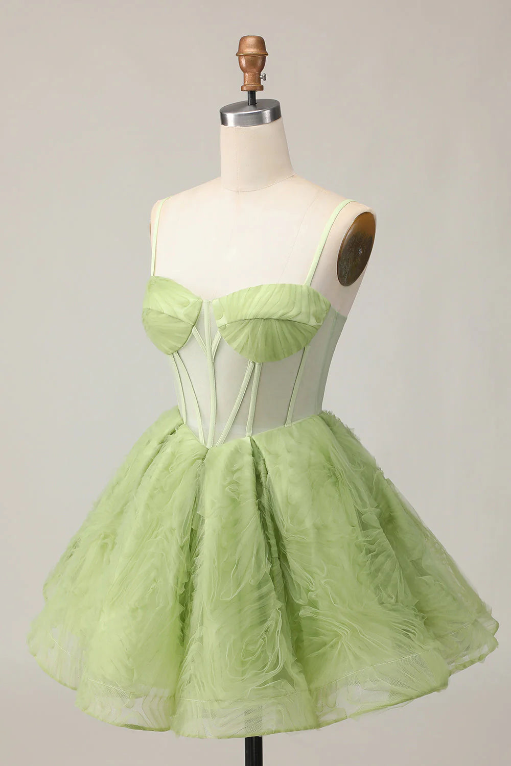 Green A Line Spaghetti Straps Sheer Corset Ruched Short Homecoming Dress