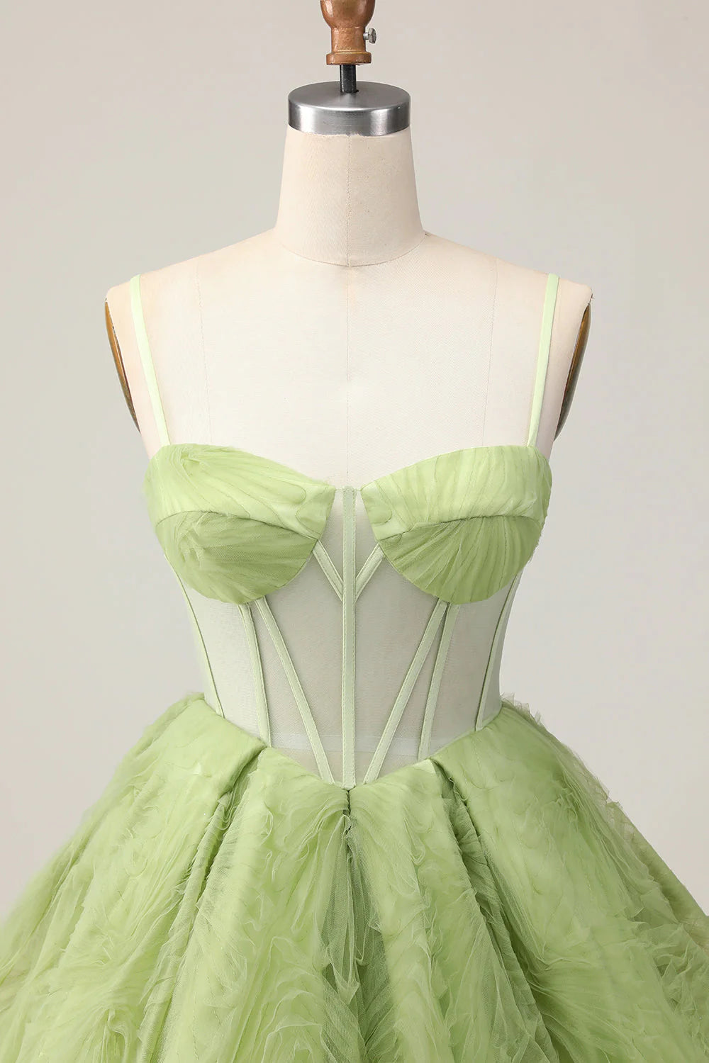 Green A Line Spaghetti Straps Sheer Corset Ruched Short Homecoming Dress