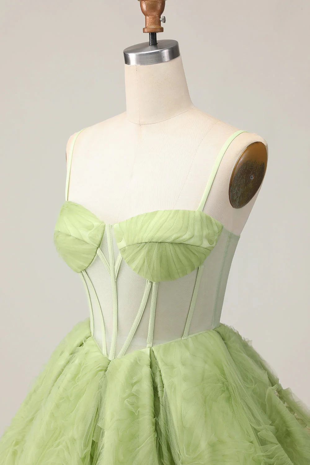 Green A Line Spaghetti Straps Sheer Corset Ruched Short Homecoming Dress