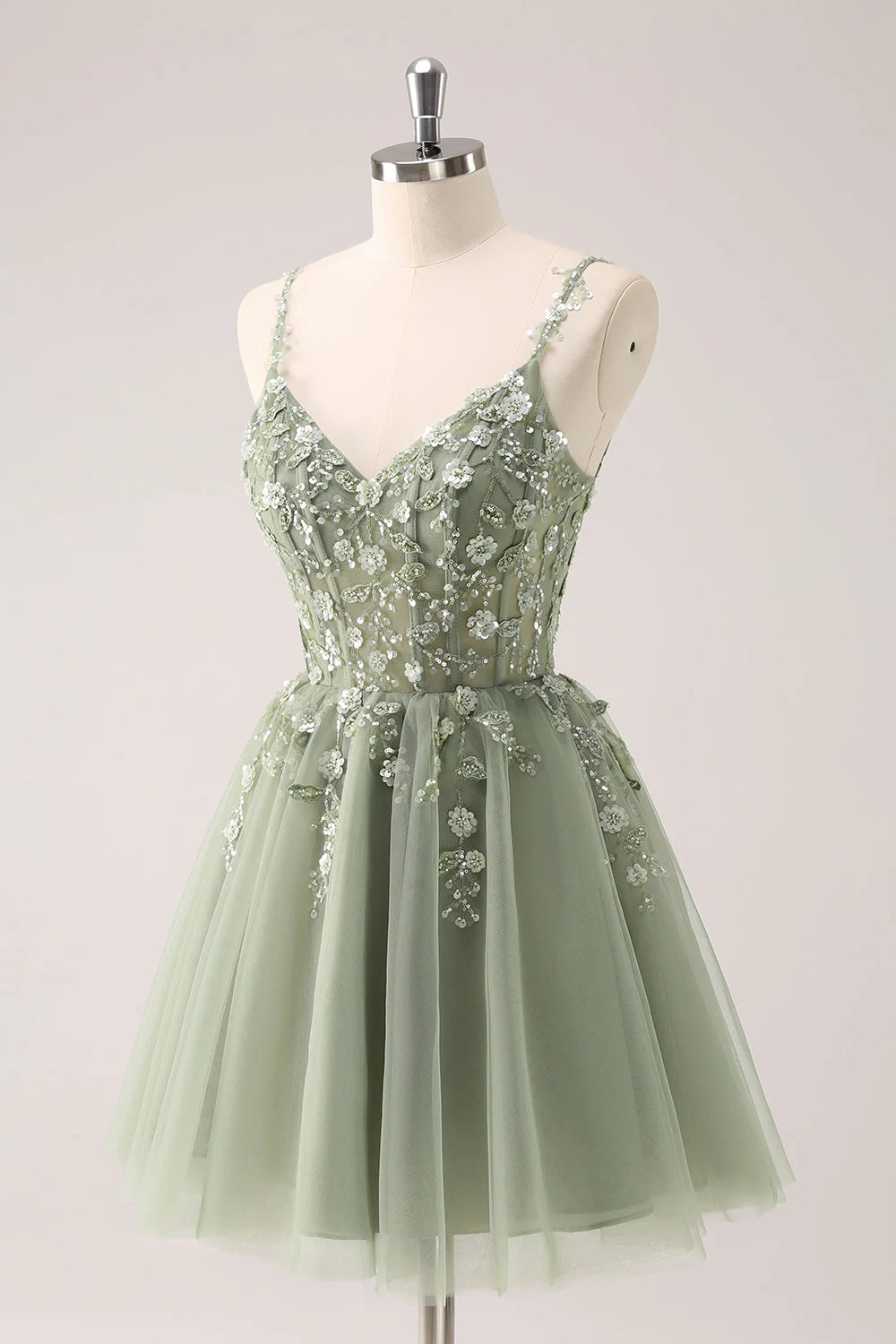 Green A Line Spaghetti Straps Tulle Corset Sequins Homecoming Dress with Appliques