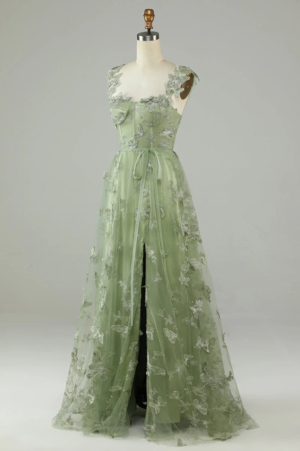 Green A Line Square Neck Corset Prom Dress with 3D Butterflies