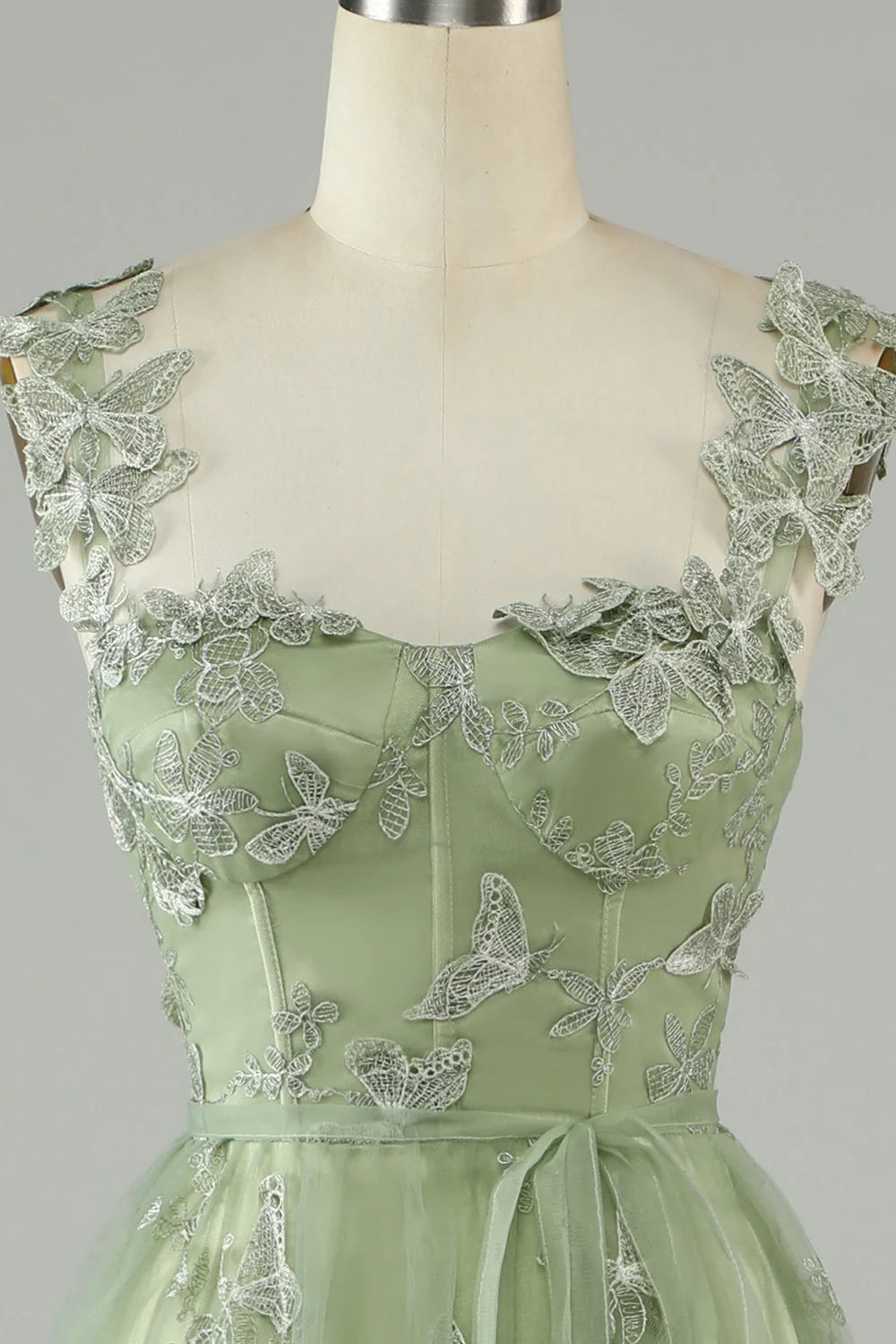 Green A Line Square Neck Corset Prom Dress with 3D Butterflies