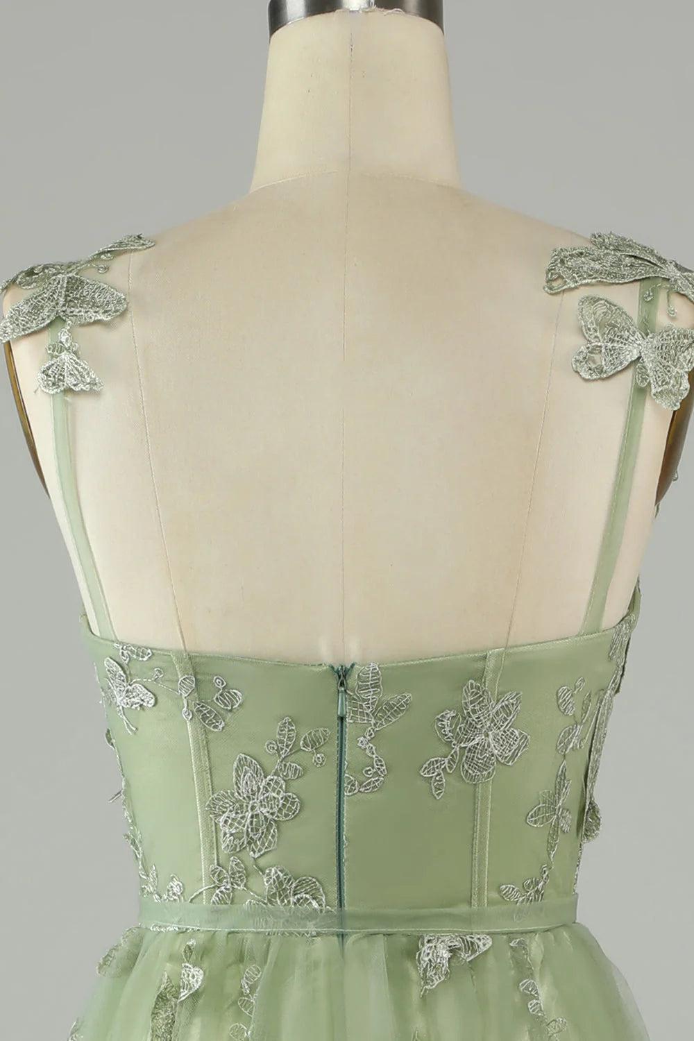 Green A Line Square Neck Corset Prom Dress with 3D Butterflies