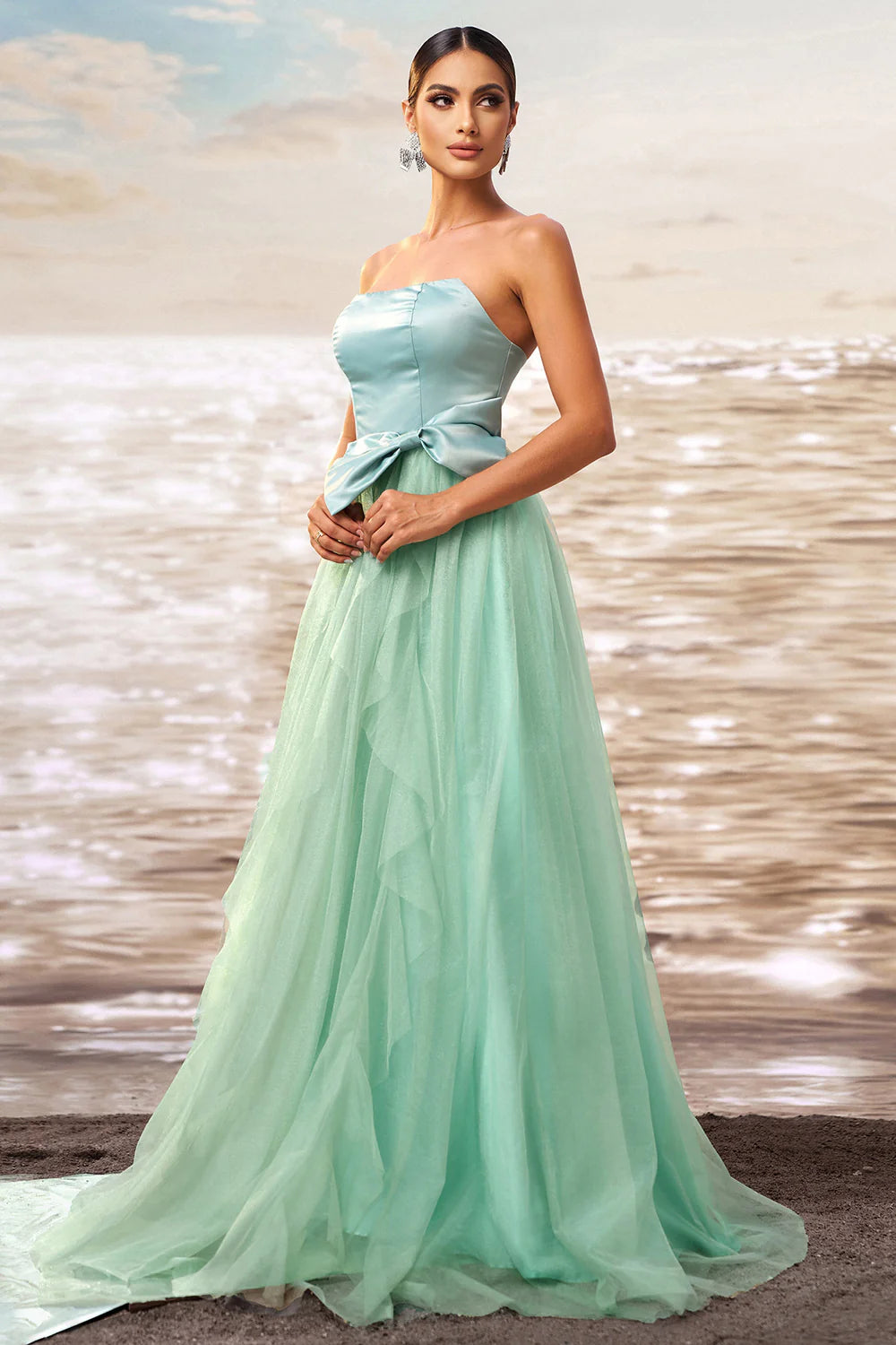 Green A Line Strapless Tulle Long Ruffled Prom Dress with Bow