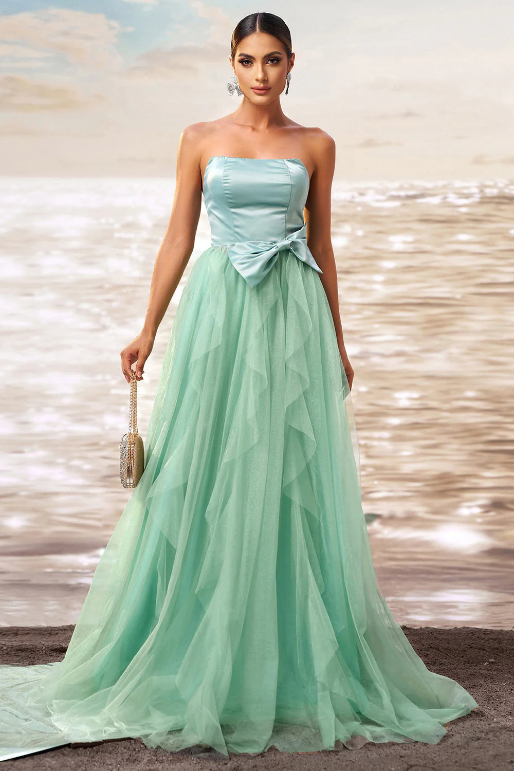 Green A Line Strapless Tulle Long Ruffled Prom Dress with Bow