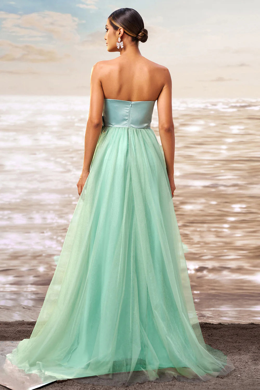 Green A Line Strapless Tulle Long Ruffled Prom Dress with Bow