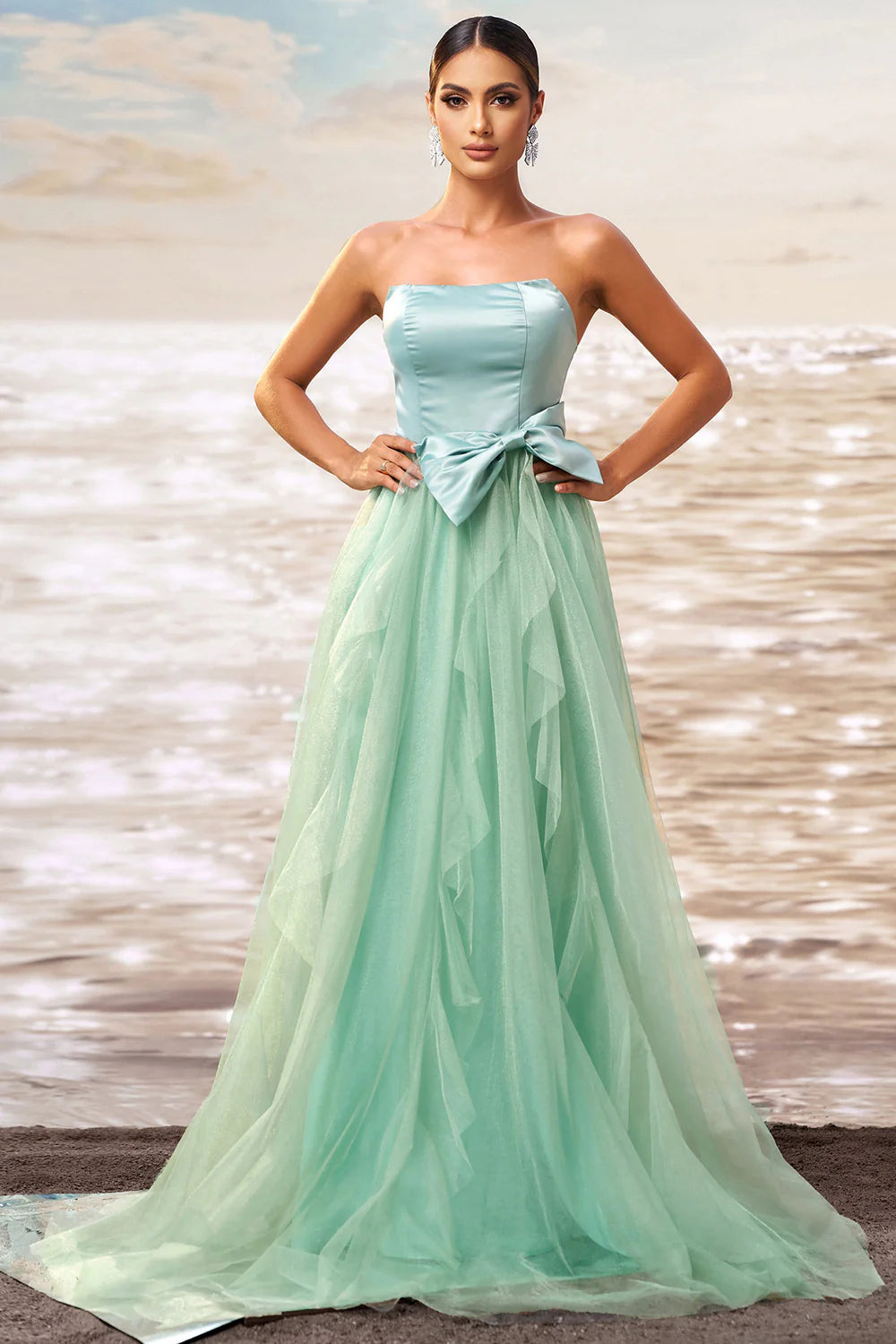 Green A Line Strapless Tulle Long Ruffled Prom Dress with Bow
