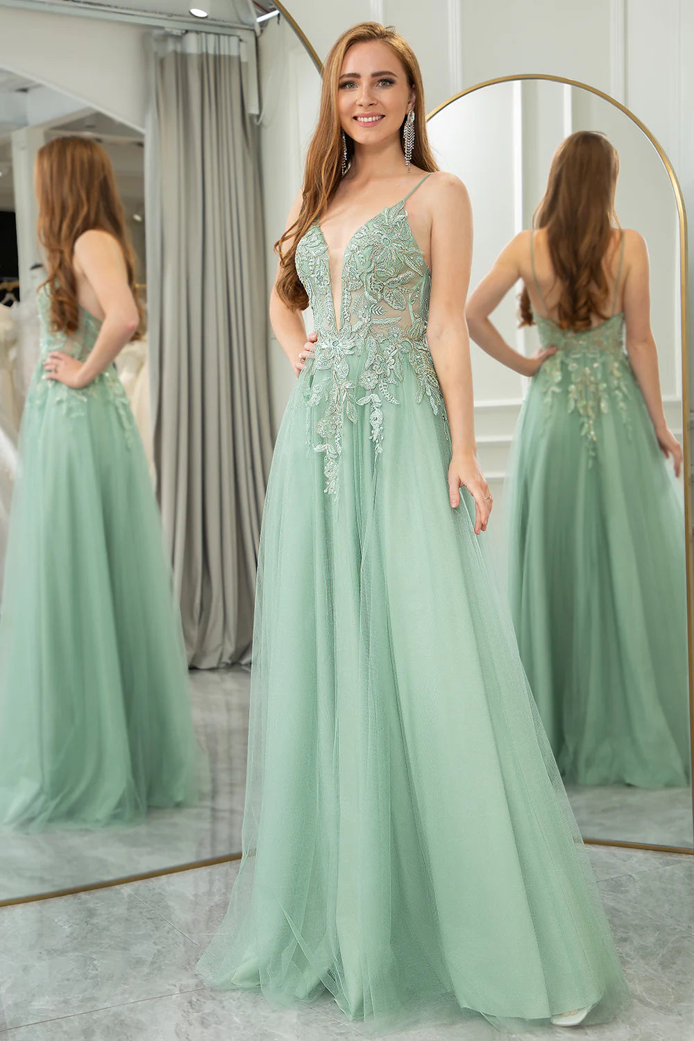 Green A Line Tulle Long Prom Dress With Appliques