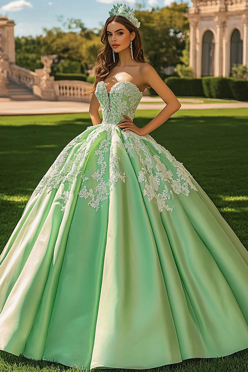 Green Ball Gown Sweetheart Princess Long Quinceanera Dress with Appliques