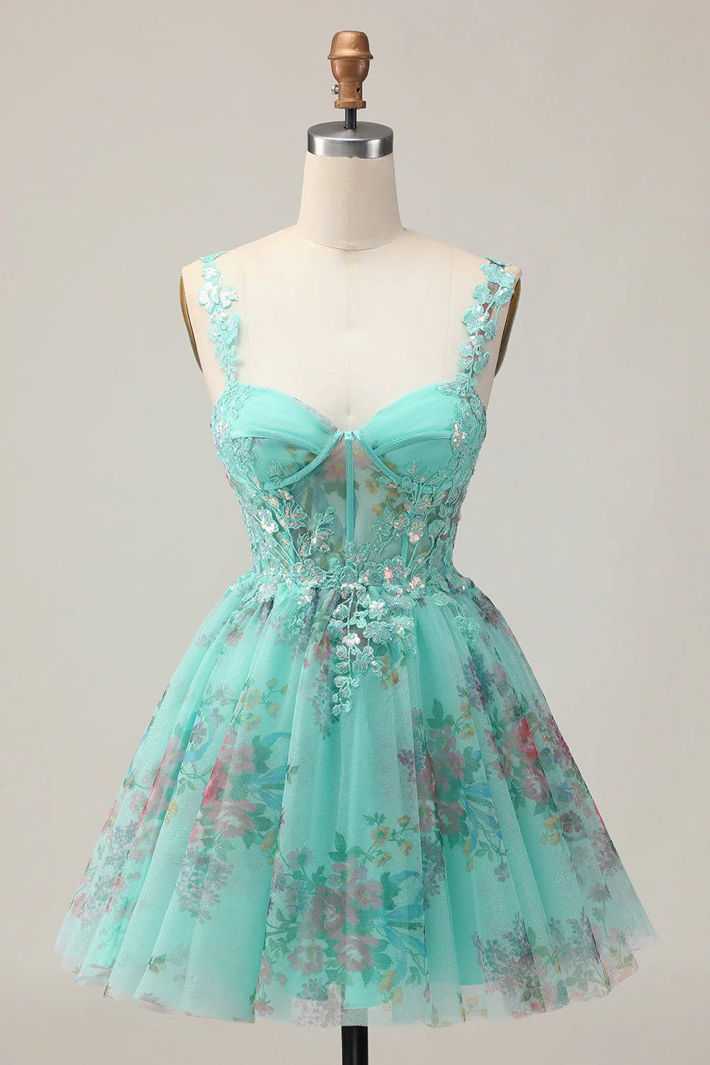 Green Corset A Line Sequins Printed Short Homecoming Dress with Lace Up Back