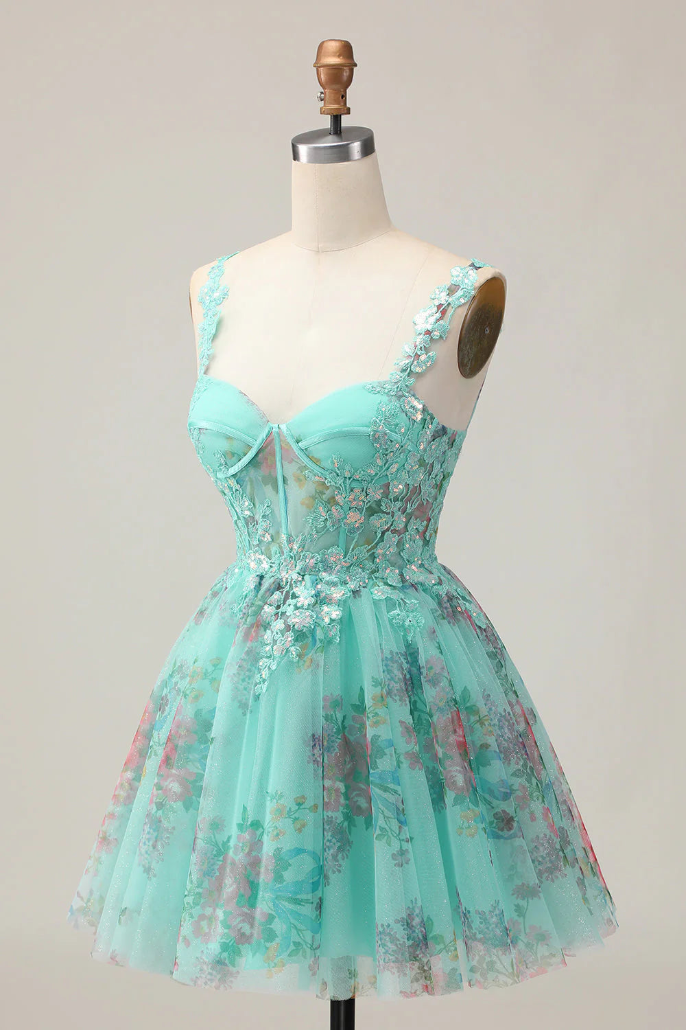 Green Corset A Line Sequins Printed Short Homecoming Dress with Lace Up Back