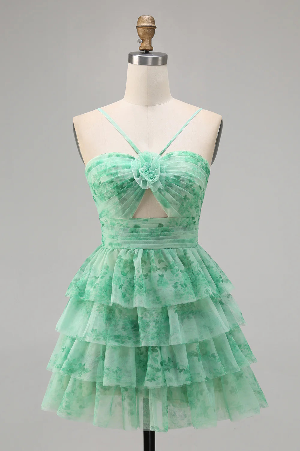 Green Flower A Line Halter Printed Tiered Cute Homecoming Dress