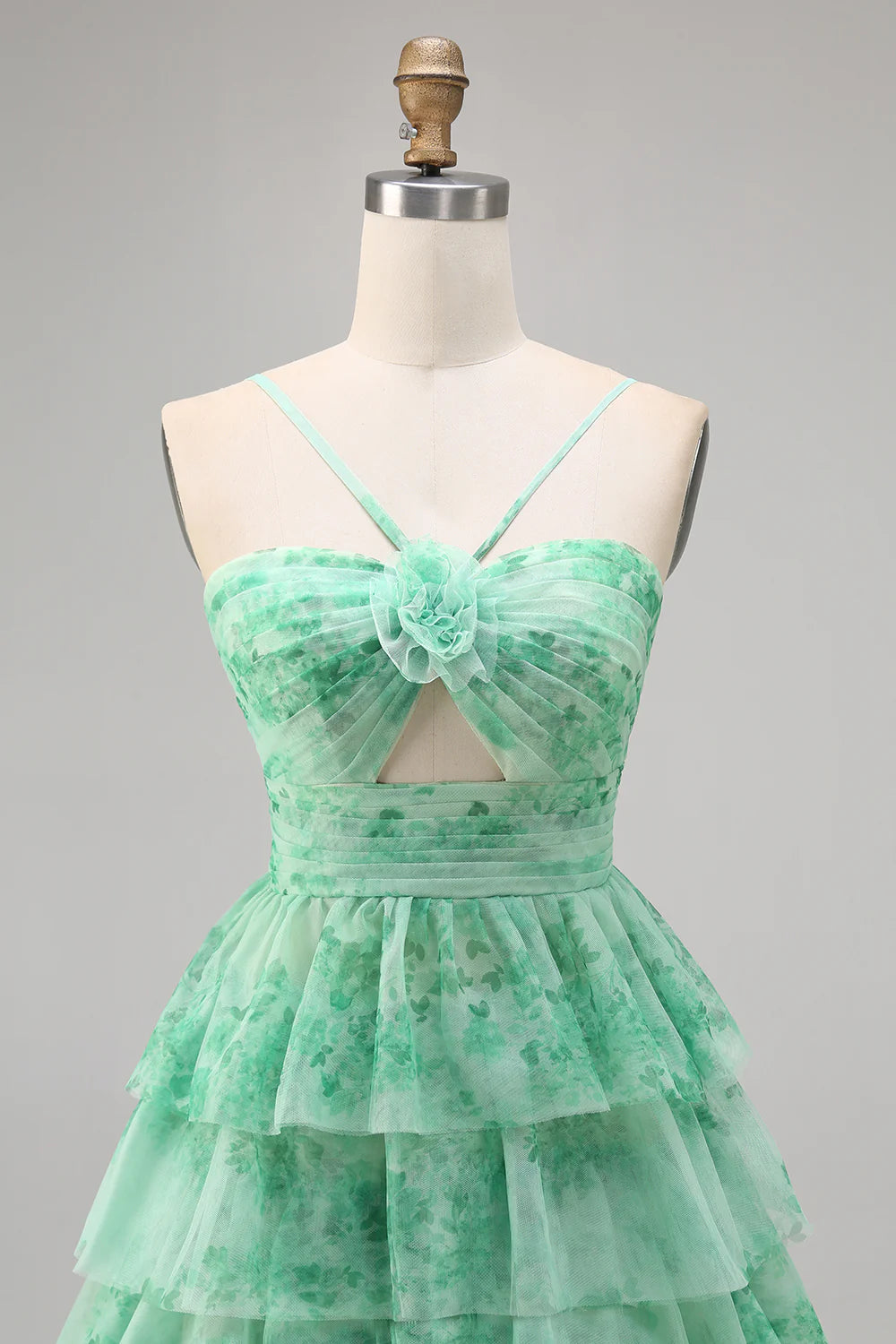 Green Flower A Line Halter Printed Tiered Cute Homecoming Dress