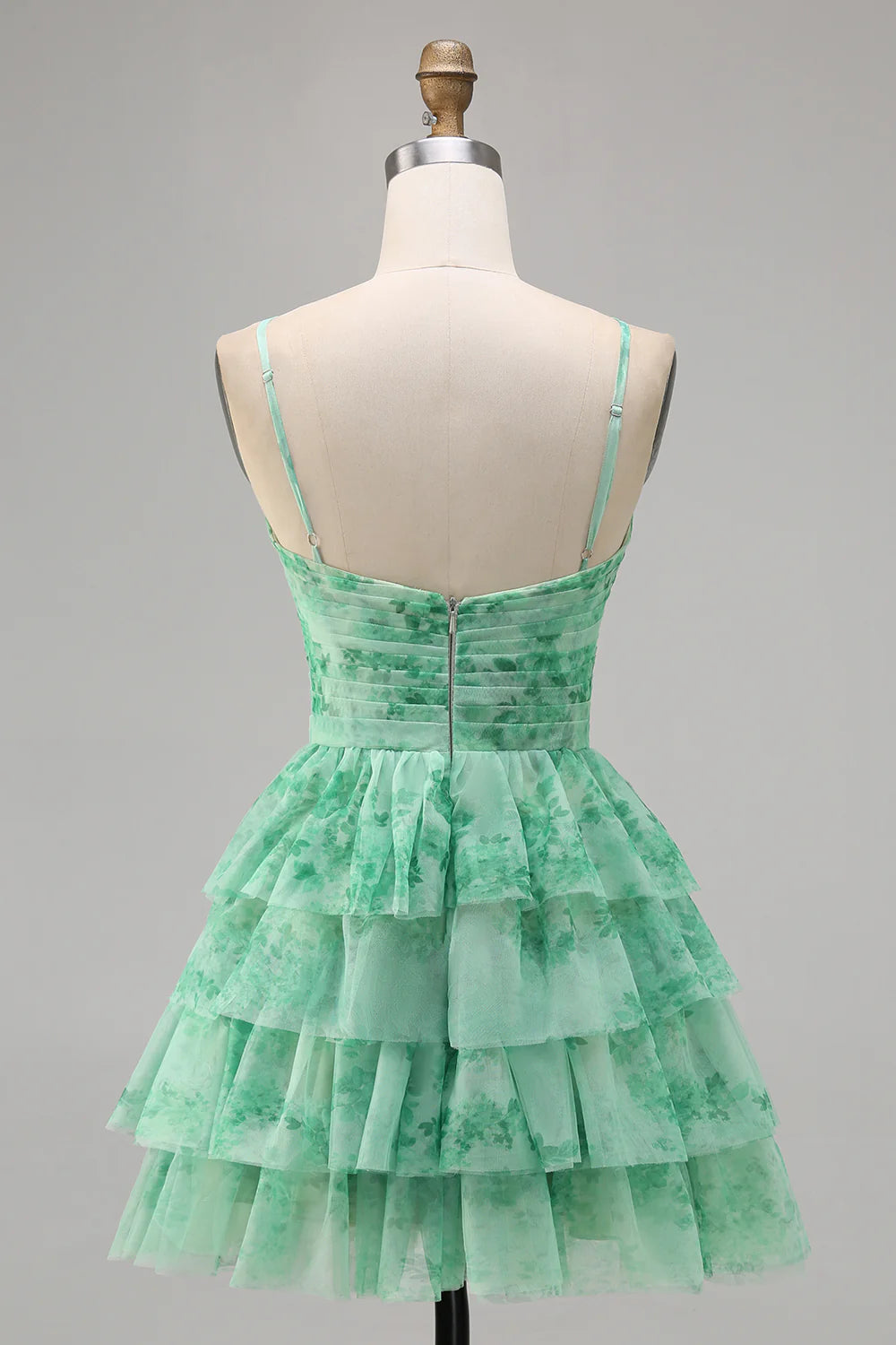 Green Flower A Line Halter Printed Tiered Cute Homecoming Dress
