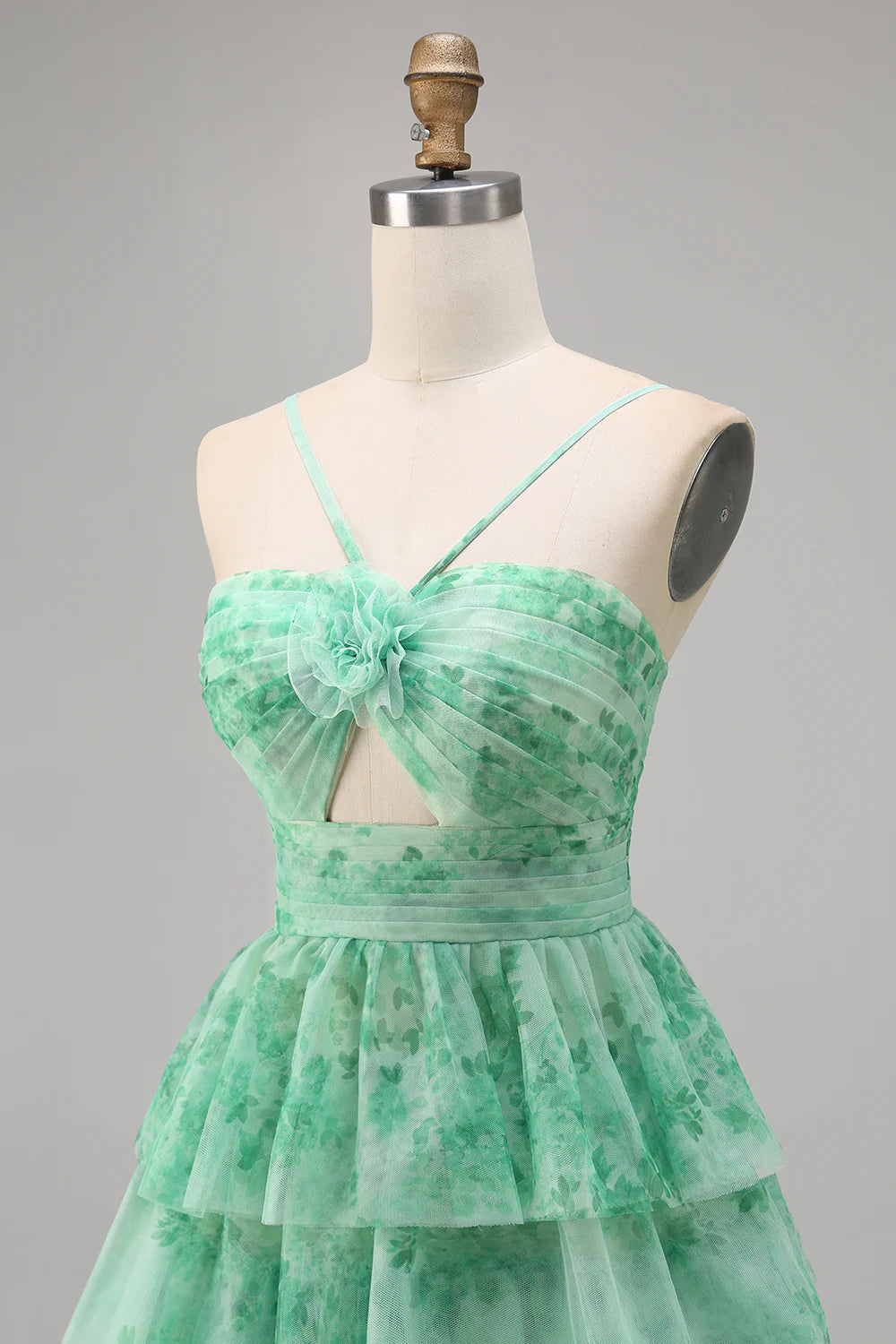 Green Flower A Line Halter Printed Tiered Cute Homecoming Dress