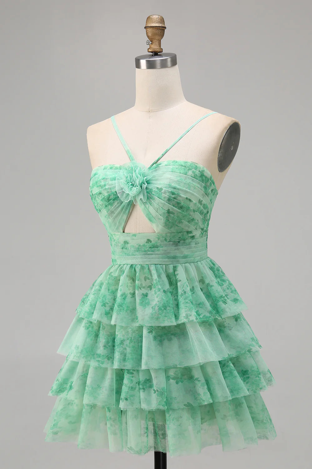Green Flower A Line Halter Printed Tiered Cute Homecoming Dress