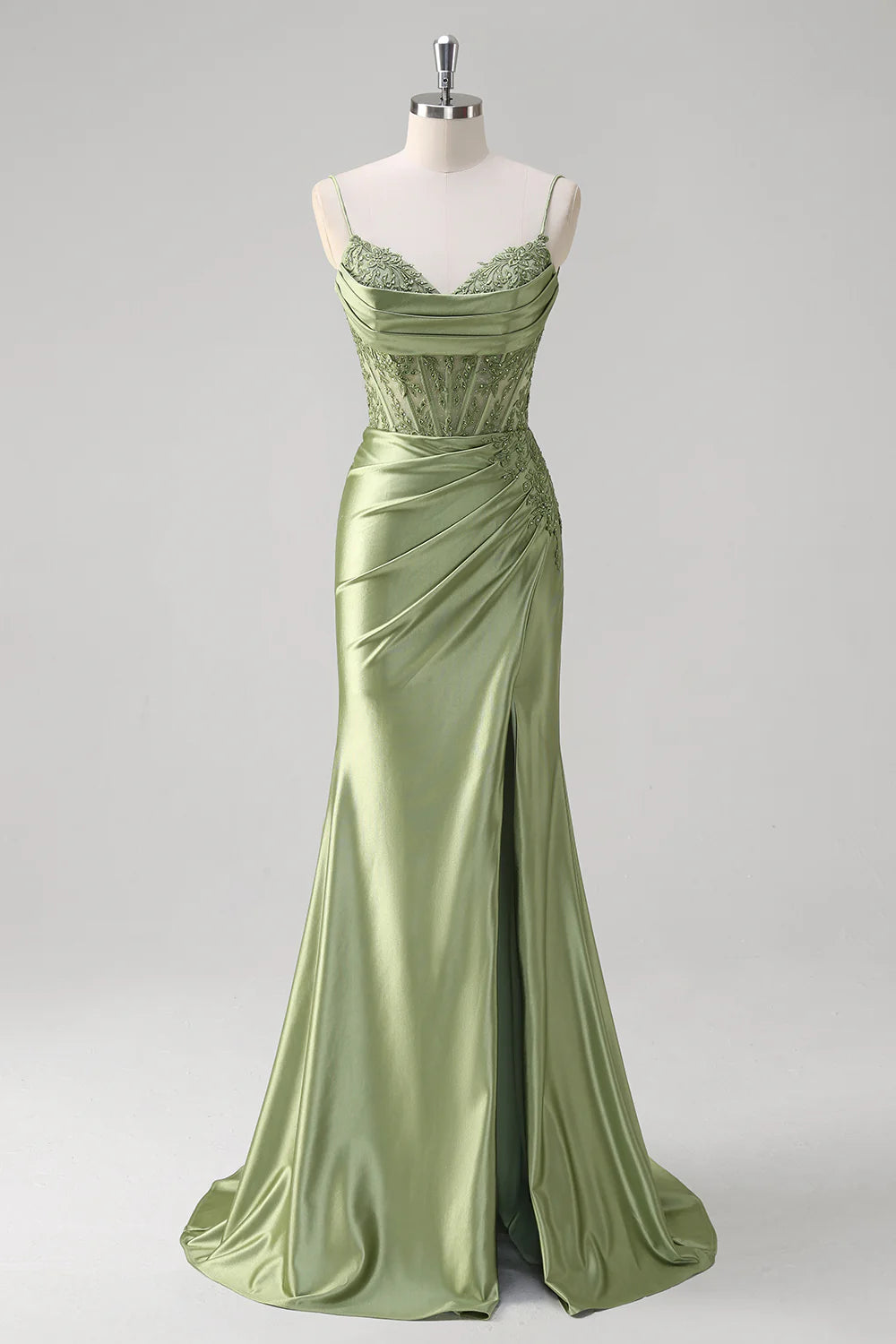 Green Mermaid Spaghetti Straps Corset Sequin Appliqued Long Prom Dress with Slit