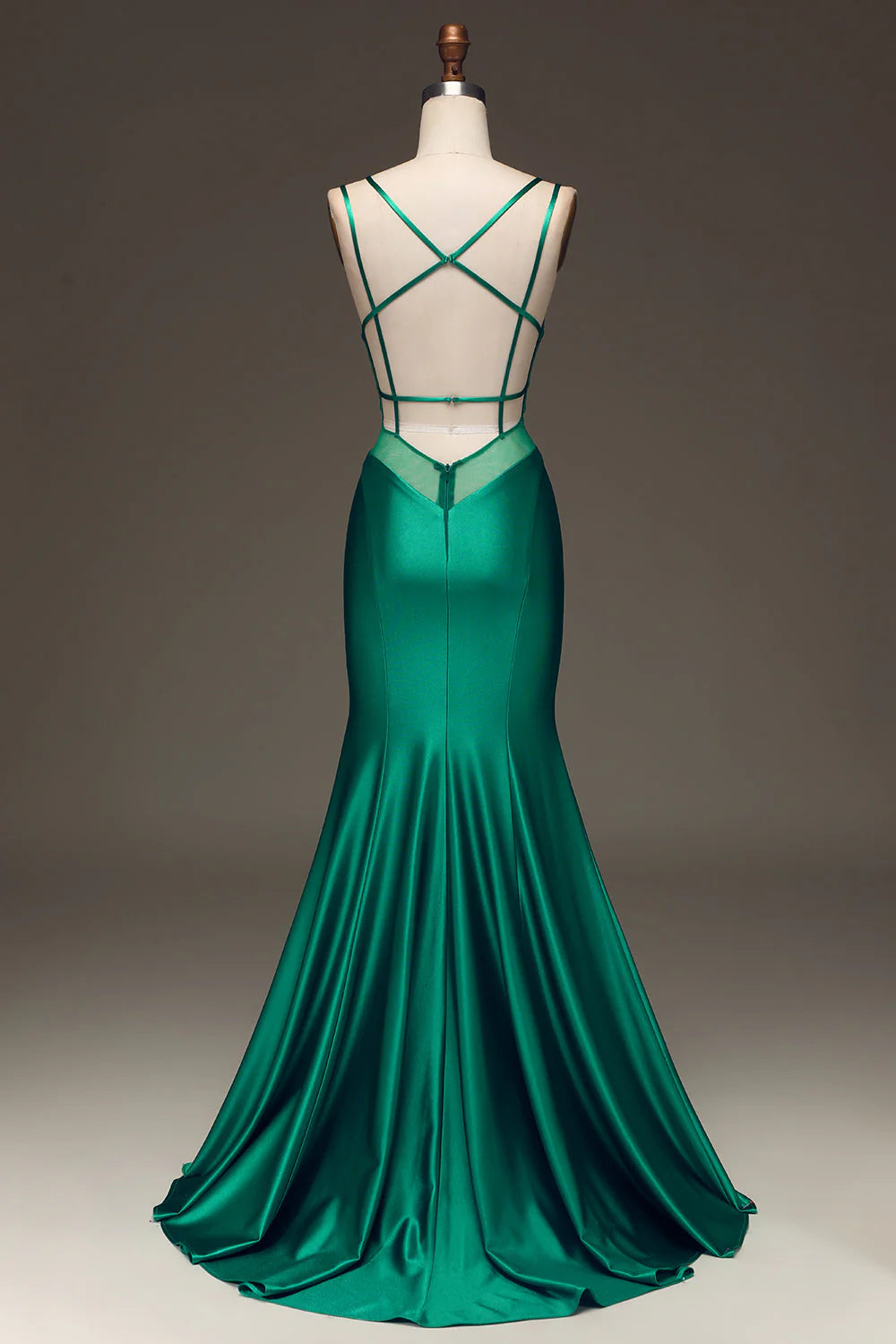 Green Mermaid Spaghetti Straps Deep V-Neck Satin Long Prom Dress with Lace-up Back