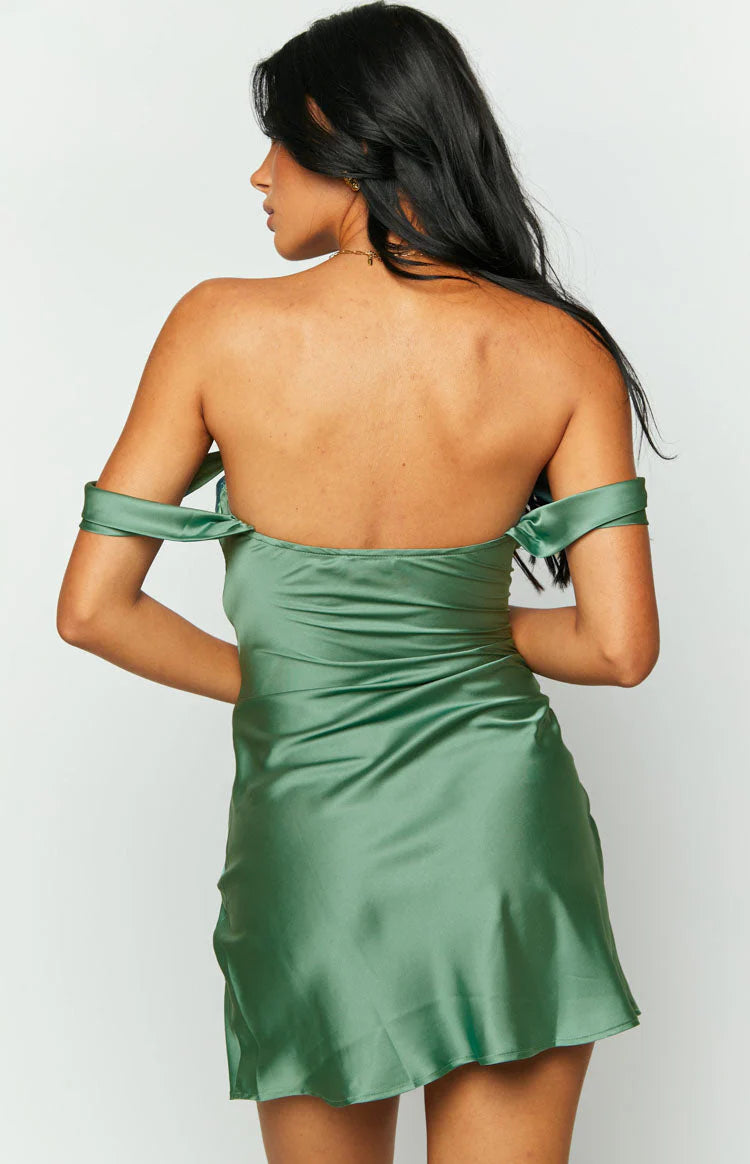 Green Off The Shoulder Ruching detail on bust Mini Dress