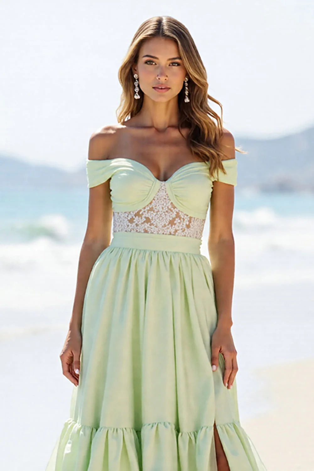Green Off the Shoulder Long A Line Prom Dress with Slit
