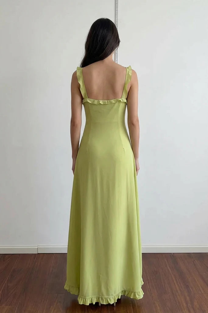 Green Ruffled Strap Sweetheart Slit Maxi Evening Dresses
