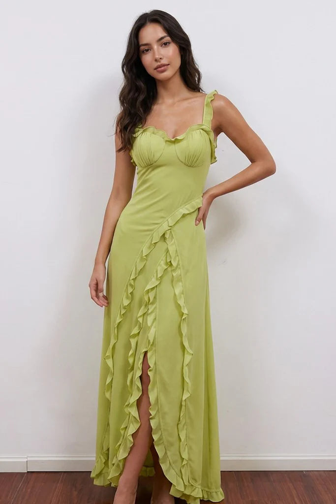 Green Ruffled Strap Sweetheart Slit Maxi Evening Dresses