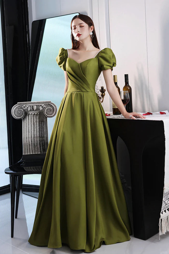 Green Satin Long A-Line Prom Dress, Short Sleeve Evening Party Dress